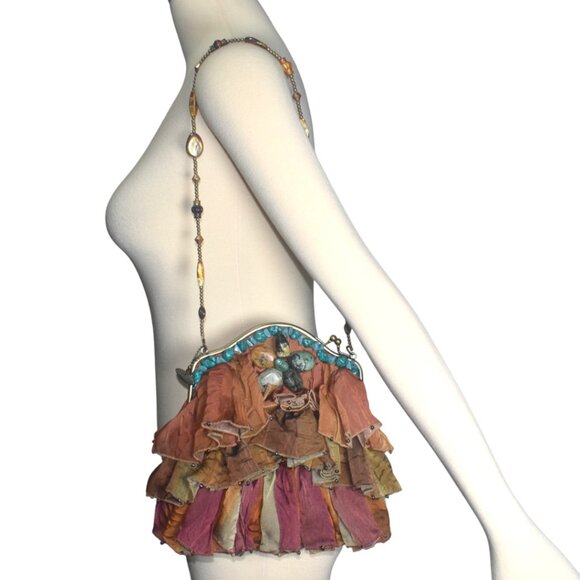 Mary Frances Shoulder Bag Purse Rock My Soul Boho Turquoise Silk Ruffle Beaded - Picture 3 of 11